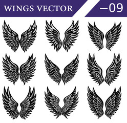 Fototapeta premium Intricately Designed Black Wings Vector Set – Gothic Angel and Demon Feather Silhouettes for Tattoo Art and Dark Aesthetic Projects.