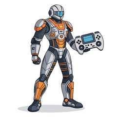 Design a futuristic mecha-style gamer suit;  incorporate a holographic chest display showing in-game stats.  Emphasis on sleek, functional design.