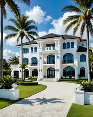 Fototapeta premium large house with a white exterior and a blue ocean in the background. The house has a large driveway and a lush green lawn