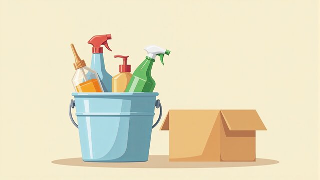 cleaning supplies in blue bucket and box clip art preview