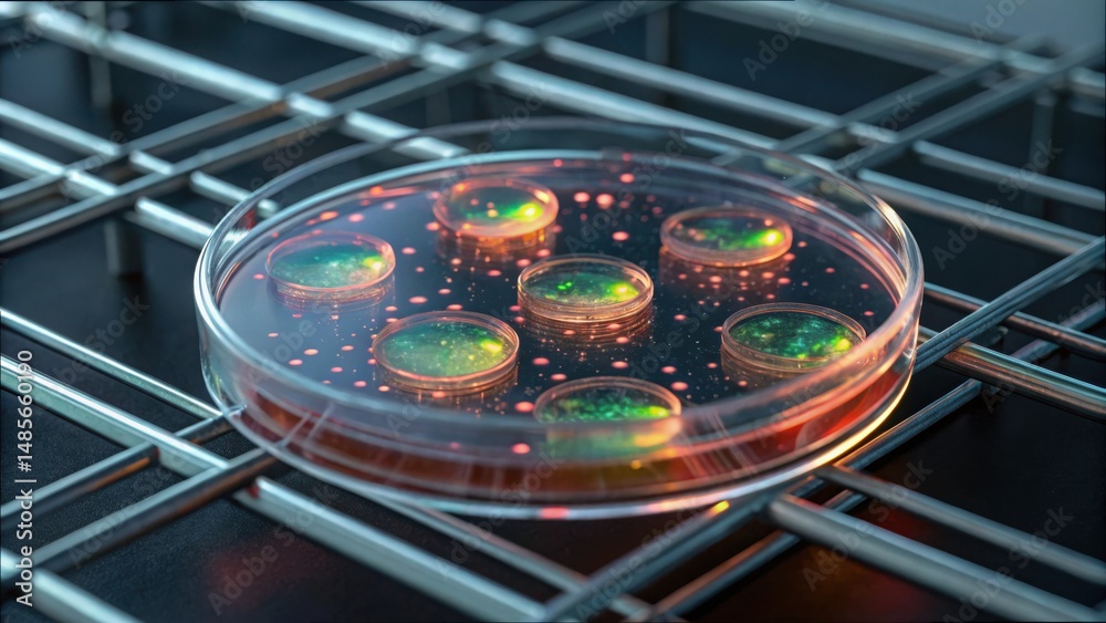 Poster cellular experiment in petri dish with colorful attachment and gigapixel