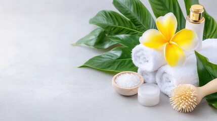 Serene Spa: Capture a tranquil scene with soft, rolled towels, fresh plants and flowers creating a sense of relaxation and rejuvenation. 