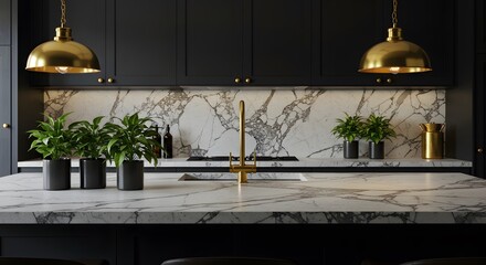 Obraz premium Kitchen Counter with Marble Design and Gold Fixtures