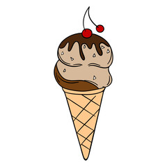 Summer ice cream element collection with cherry on top. Waffle cone with chocolate top and flavor cream