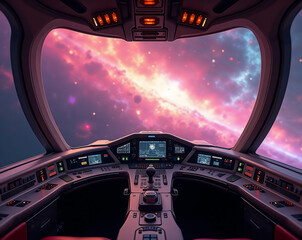 Spaceship cockpit with breathtaking galaxy view

