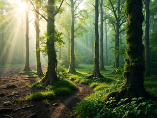 Obraz premium Sunlight streaming through lush green forest in morning 