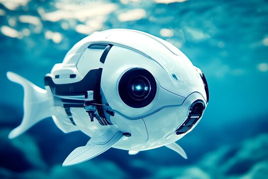 White robotic fish swimming underwater exploring the ocean depths