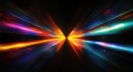 Abstract radiant light beams converging at a central point with vibrant colors of orange, blue, purple, and red on a dark background, creating a dynamic and energetic visual effect