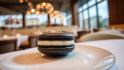 Michelin Style Black Sesame Macaron on Elegant Plate with Fine Dining Restaurant Background Perfect Dessert Presentation