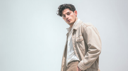 Obraz premium Handsome young man posing in stylish fashion jacket and white shirt against a white background