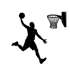 A male Basketball sports player vector silhouette slam dunk, scoring the ball into the net, Solid white background