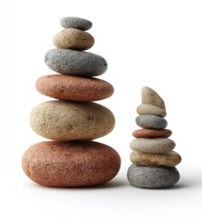 Two stone towers, balanced and serene.  A smaller and a larger stack of various colored stones, creating a sense of balance and focus
