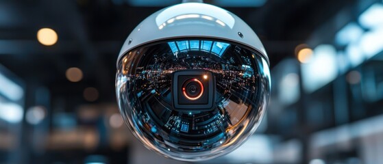 High-Tech Surveillance: Dome Security Camera Reflecting Urban Nightscape © Mustofa