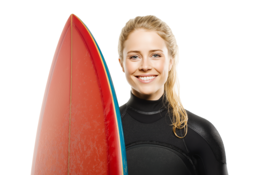smiling female surfer holding surfboard and dressed in wetsuit isolated on white background