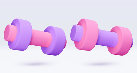 Pink, purple, violet Dumbbell Realistic icon, 3d render. Isolated on white backround. Sport And Fitness design set. Vector illustration for shop, flyer, banner, web, advertising, sale