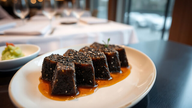 Michelin Style Black Sesame Dasik Served on Elegant Plate in Sophisticated Restaurant Setting