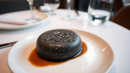 Michelin Style Black Sesame Dacquoise on Elegant Plate in Sophisticated Restaurant Setting