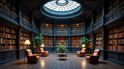Grand Library Interior- Dome Skylight- Bookshelves