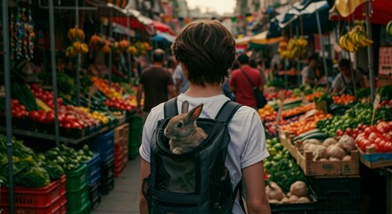 Boy walking with rabbit in backpack through a bustling market of fruits and vegetables capturing urban adventures and animal companionship in colorful market