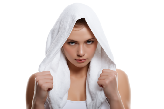 determined woman in towel isolated on white background