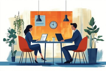 Professional man and woman sitting across from each other at a table in modern office space with laptops and plants, focused and engaged in work