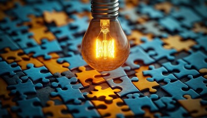 Glowing light bulb illuminating an incomplete multicolored jigsaw puzzle, symbolizing ideas and problem solving