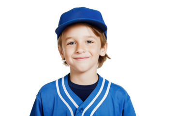 young baseball player wearing blue uniform smiling happily isolated on white background