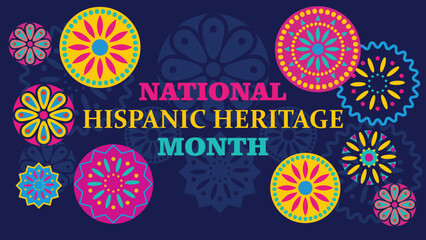Hispanic heritage month. Vector web banner, poster, card for social media and networks. Greeting with national Hispanic heritage month text, Papel Picado pattern, perforated paper on blue background