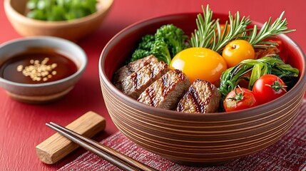 Elegant Japanese Donburi with Seared Beef, Egg, and Fresh Vegetables