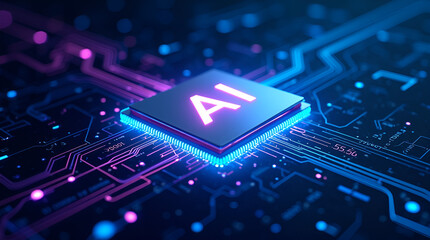 Close-up of a Glowing AI Microchip on a Circuit Board