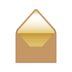 Brown kraft paper open envelope with gold liner mockup template. Euro flap luxury mailing envelope for wedding, invitations, graduation, birthday, party. Ready to use for your design or business.
