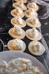 Cottage cheese filling placed on round dough wrapper, process of making dumplings
