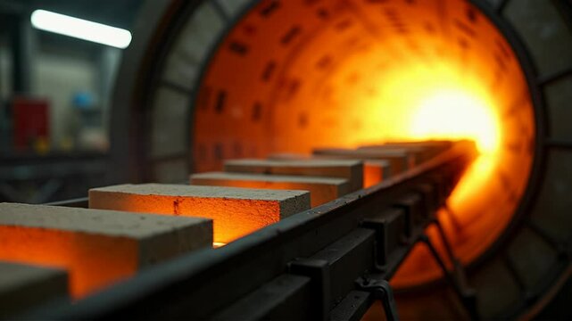 Bricks moving steadily through a kiln with glowing heat in an industrial setting