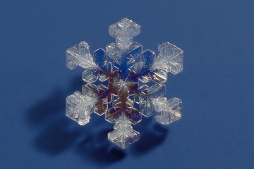 Macro snowflake on blue surface study