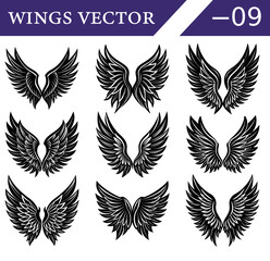 Fototapeta premium Black Feather Wings for Tattoo Vector Set – Gothic Angel and Devil Silhouettes for Posters, Dark Fantasy Art, and Mysterious Decor.