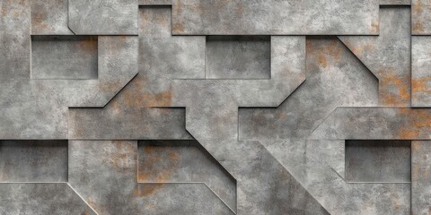 abstract industrial wall pattern with interlocking rectangular and angular shapes in weathered gray and rust colors creating a textured rugged surface