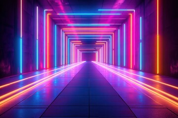 Futuristic tunnel illuminated with vibrant pink, blue, purple, and orange neon lights creating a glowing symmetrical pathway with reflective tiled floor