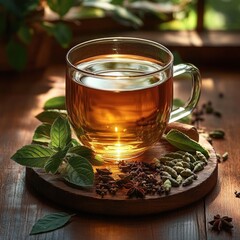 Fototapeta premium Clear glass mug filled with warm amber tea placed on wooden surface surrounded by fresh green leaves and various aromatic spices under soft lighting