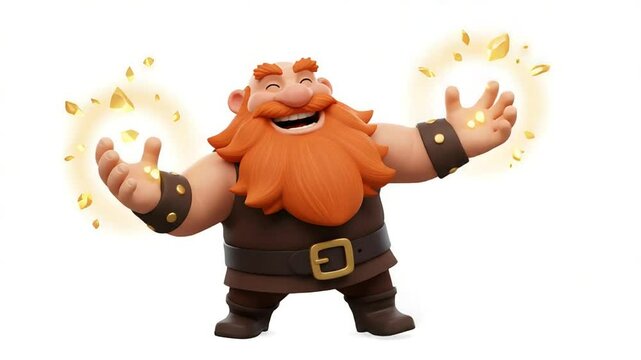 Cartoon dwarf celebrates with gold crystals and a cheerful smile