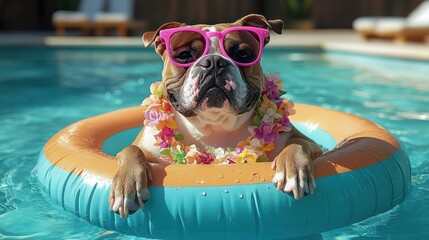bulldog wearing pink sunglasses and floral lei floating in a pool on a blue and orange inflatable ring on a sunny day