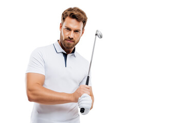  determined golfer holding club with focused eyes isolated on white background