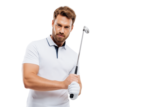  determined golfer holding club with focused eyes isolated on white background