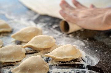 Rolling out the dough with a rolling pin, a blurry photo as a background. Traditional Ukrainian varenyky with cottage cheese — a step-by-step process of home cooking. Hands at work, fresh ingredients 