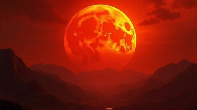 Crimson Skies, A planet glows beneath a fiery sky, its rugged landscape bathed in the warm light of a distant sun.