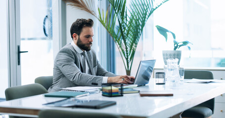 Audit, accountant or businessman with laptop for company savings, risk assessment or research....