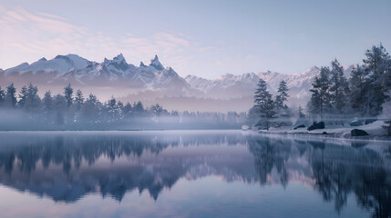 Mirror Lake - A perfectly still alpine lake at dawn with mirror-like water, dense pine forest reflections, ambient mountain mist, and distant snow-covered peaks in total silence (Generative AI) #083