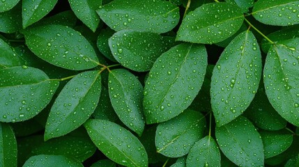 Obraz premium Lush Green Foliage with Glistening Dew Drops Captured in Early Morning Light for Nature Photography Collection