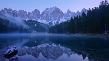 Fototapeta premium Mirror Lake - A perfectly still alpine lake at dawn with mirror-like water, dense pine forest reflections, ambient mountain mist, and distant snow-covered peaks in total silence (Generative AI) #078