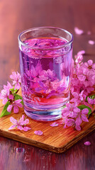 Glass cup filled with pink sakura jelly drink surrounded by fresh cherry blossom flowers wooden board, evoking calmness
