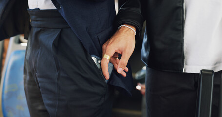 People, hands and thief with pickpocket in bus for corruption, illegal activity or sneaky robbery....